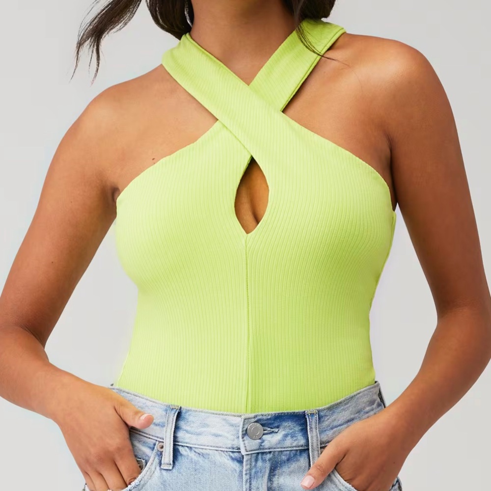 ASTR The Label Priya Bodysuit in Lime Green Crossover Halter Neckline